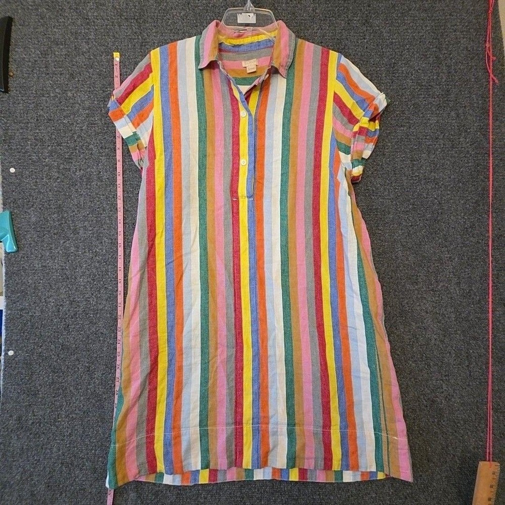 J.Crew Dress Womens L Multicolor Stripe Collared Short Sleeve Linen Shirt